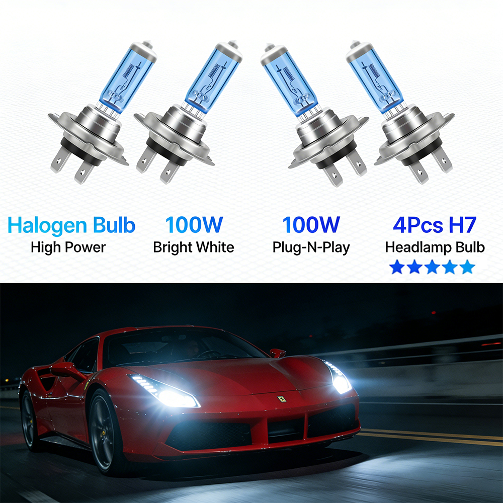 4 szt. Żarówki halogenowe H7 100W do reflektorów samochodowych, 6000K Super Białe Światło DRL, Żarówki o dużej mocy 12V, Światła Przeciwmgielne