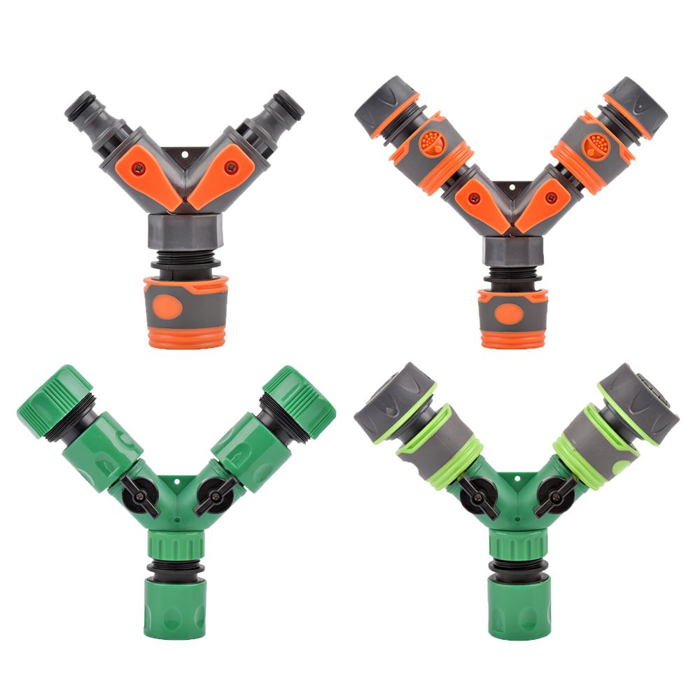 Pemisah Air Keran Taman 2 Arah 1/2 "3/4" Hingga 20/25Mm Selang Konektor Cepat Tipe Y Katup Pengontrol Air Sakelar Dapat Disesuaikan