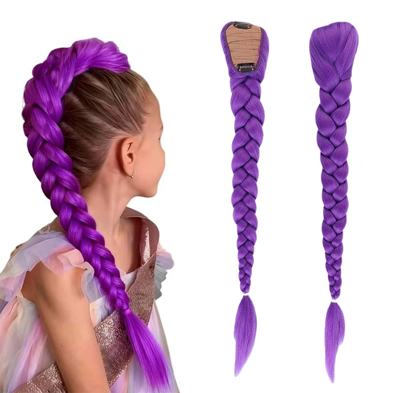 Kpop anime personagem cosplay peruca roxa para crianças meninas anime traje penteado 26 polegada longa peruca de rabo de cavalo com clipes