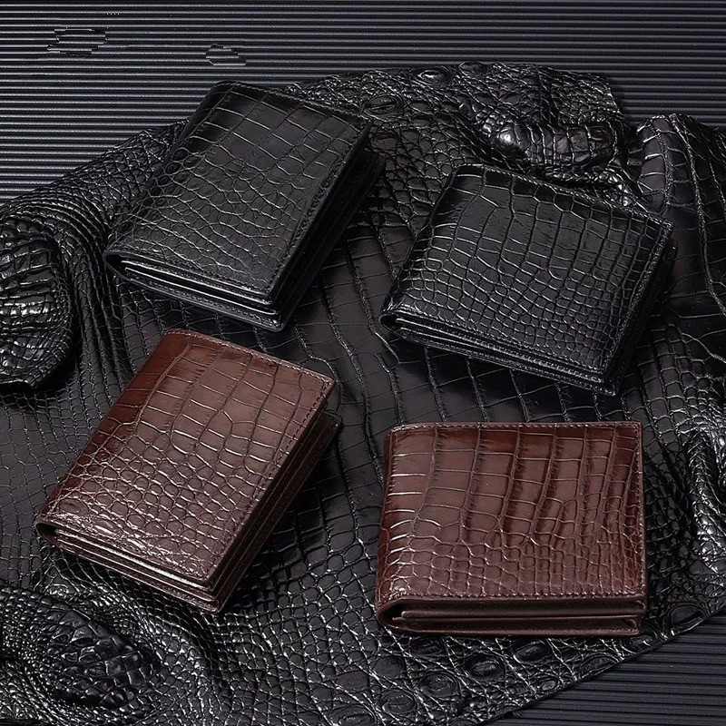 Carteira masculina de couro de crocodilo autêntico feita à mão, carteira curta de couro de crocodilo real, carteira masculina com vários compartimentos para cartões, estilo retrô.