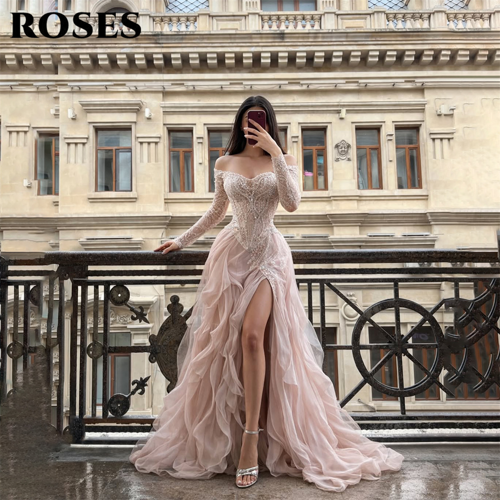 Vestido de fiesta rosa ROSES con hombros descubiertos, mangas largas, volantes de organza, abertura alta, para boda, personalizado