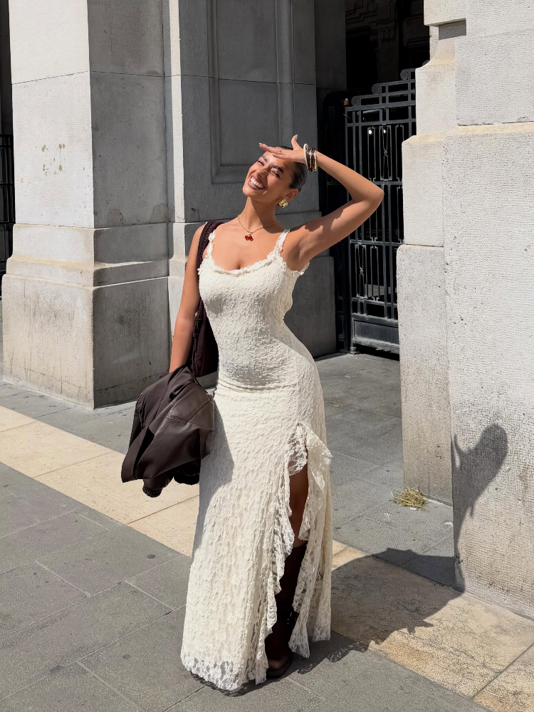 Trendy dames kant midi jurk spaghettibandjes rugloos mouwloos slank lange vestidos 2026 nieuwe damesjurk met hoge zijsplit maxi jurken