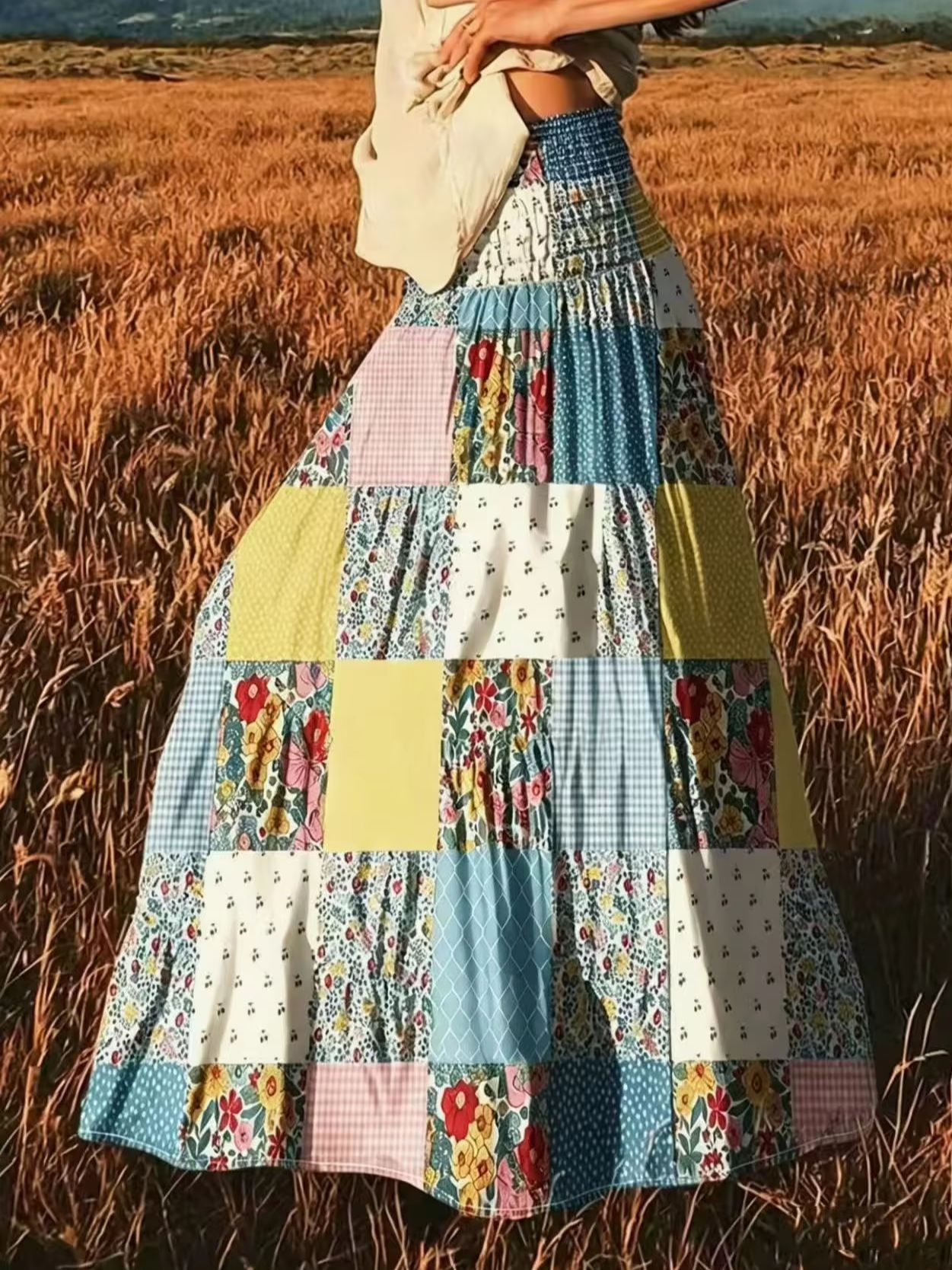 Women Patchwork Floral Plaid Maxi Skirt Elastic Smocked High Waist Tiered Flowy Boho Long Skirt
