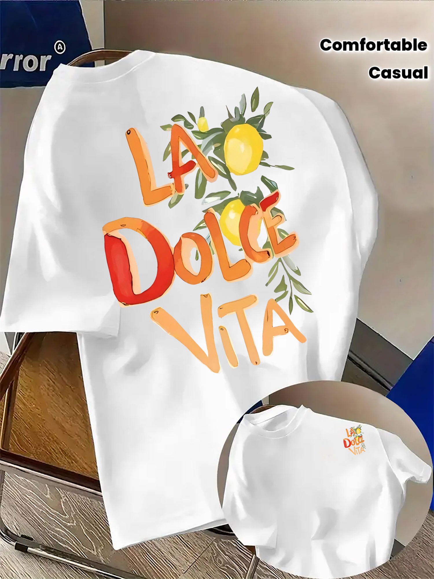 T-shirt pour homme en coton 100% doux de qualité supérieure avec impression artistique citronnée « La Dolce Vita », parfait pour un style décontracté estival et de vacances.