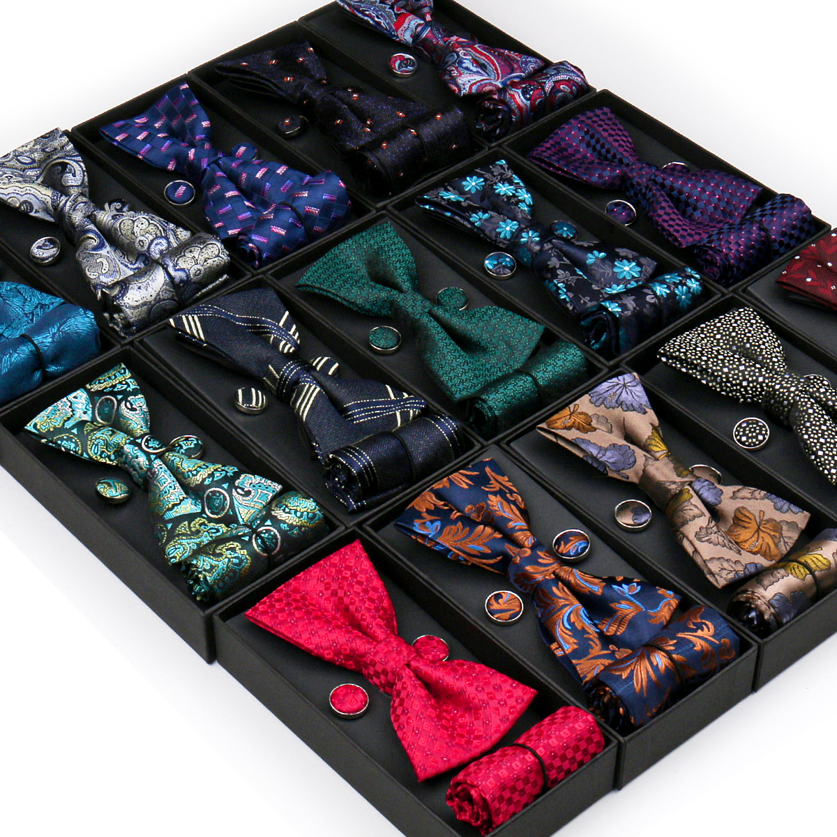 Conjunto de gravata borboleta para homens, caixa de presente, moda de negócios, gravata borboleta vermelha, bolso quadrado, conjunto de abotoaduras, gravata borboleta, 3 peças para casamento, lenço, pescoço
