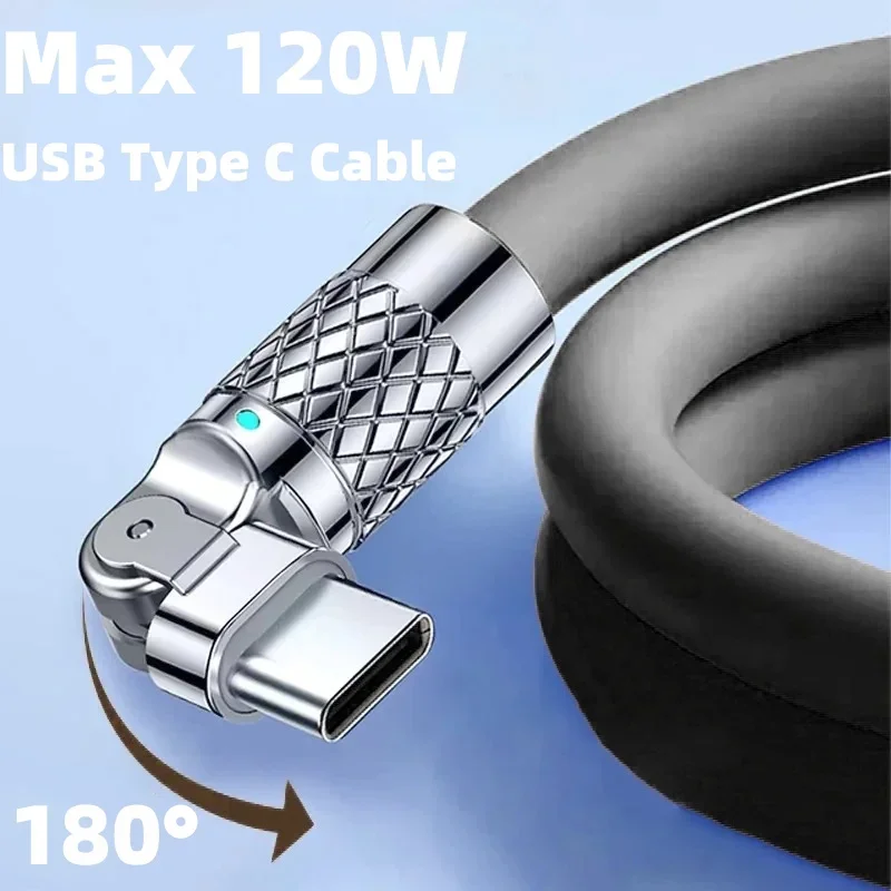 Type C Data Line 120w Fast Charging 6A 180 Rotating Ultra Fast Charging Line For Huawei for Samsung  Lengthened Silicone