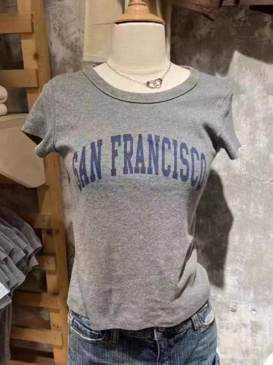 City Letter Print Crop Top for Woman Summer Short Sleeve O-Neck Vintage T-Shirt 2023 Female Simple Casual Cute Y2k Tshirt Tops