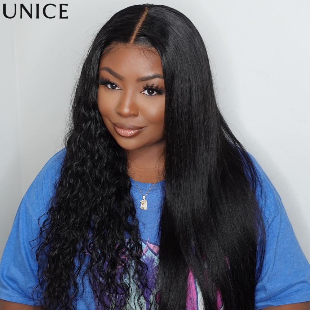 UNice UNice 13x4 Bye Bye Slip ™   Lace Frontal Wet & Wavy 2-in-1-Perücke, glatt und mit Wasserwellen, kleberlos, aus Echthaar, sofort tragbar.