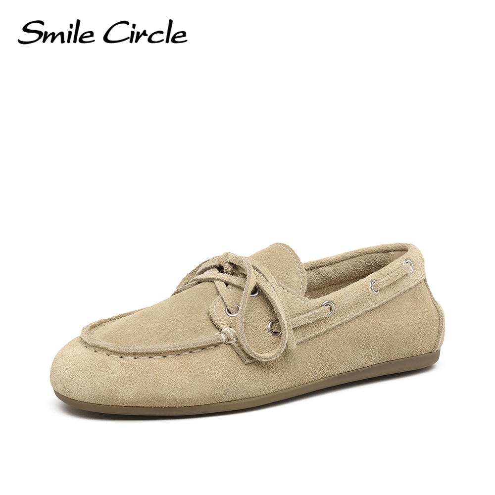 Туфли-лодочки Smile Circle, женские лоферы из натуральной кожи, мокасины, туфли на плоской подошве со шнуровкой