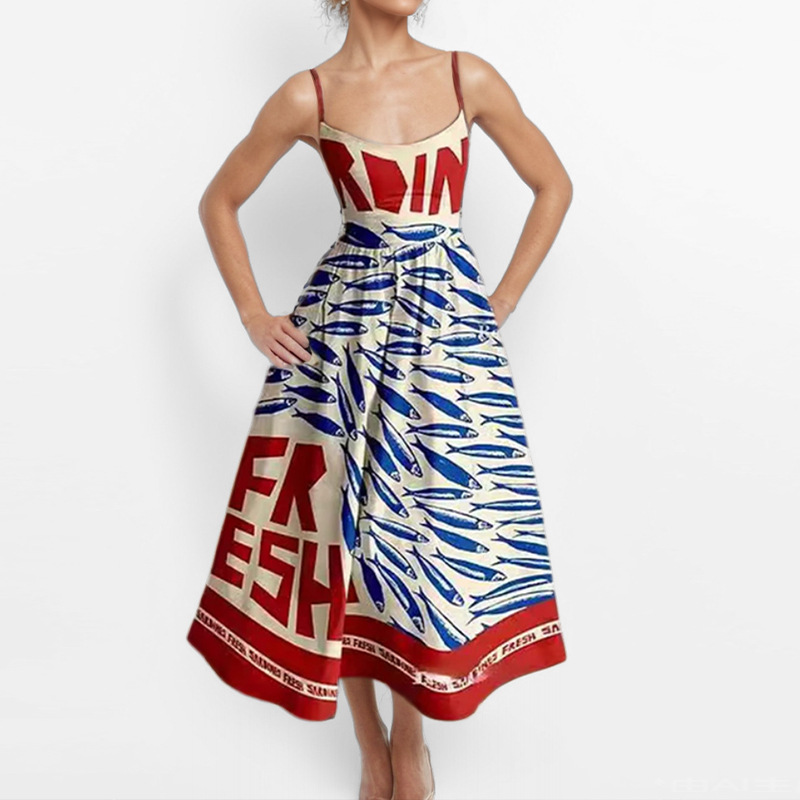 VEITCHE Fashion Wanita Gaun Panjang Seksi Bermotif Ikan Laut Biru dengan Tali Selempang, Model Terbaru Musim Semi Panas 2025, Gaun Maxi Elegan
