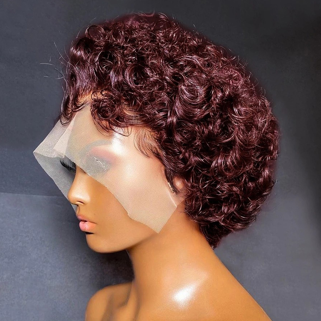 วิกผมสั้นแบบ Pixie Cut สีน้ำผึ้งประกายเบอร์กันดี 99J พร้อมลูกไม้ด้านหน้าแบบ Pre-plucked วิกผมบ๊อบแบบลูกไม้ 13x2 วิกผมมนุษย์แบบลอน