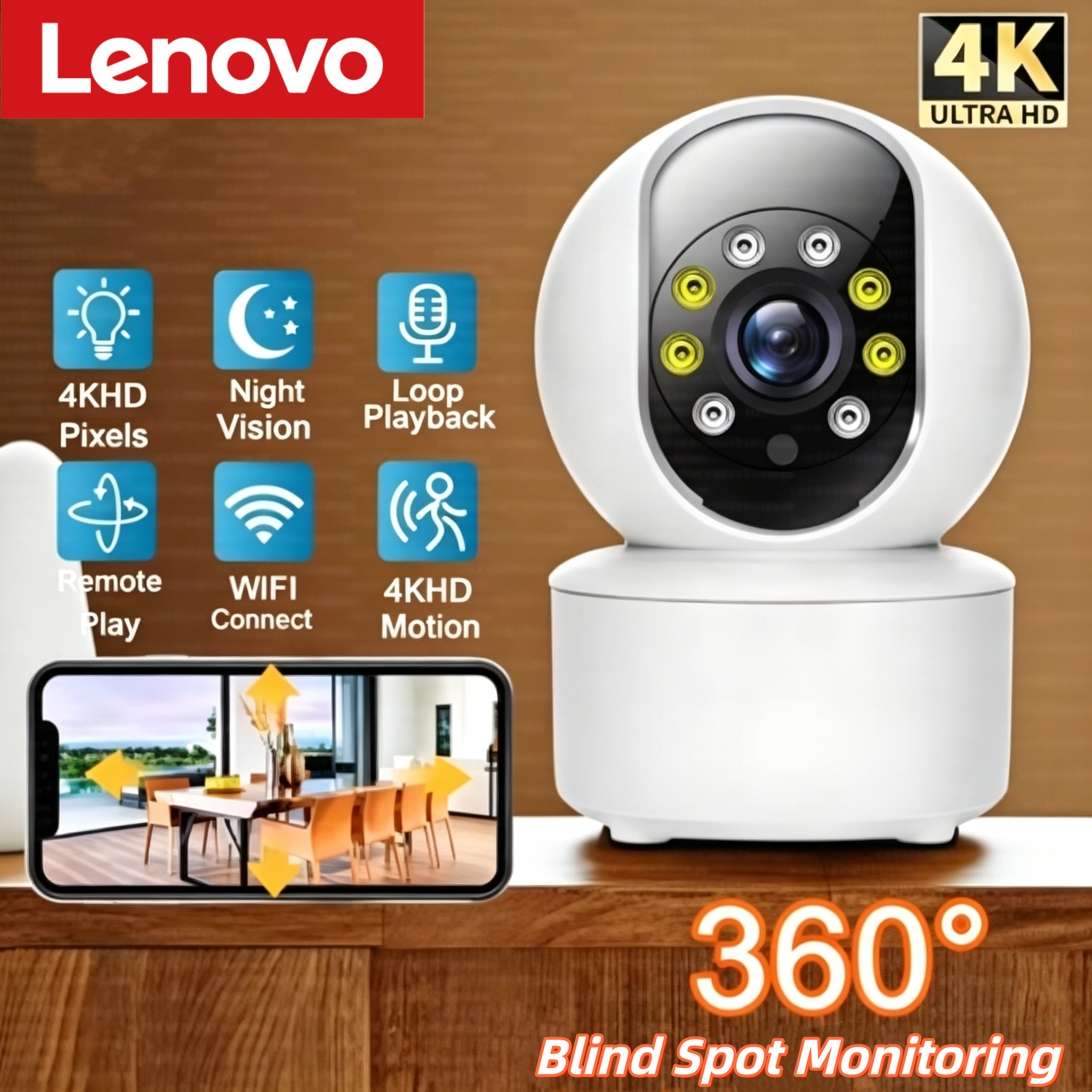 Cámara Inteligente Giratoria 4K de Lenovo, Control por WiFi, Vigilancia con Audio Bidireccional, Seguimiento Automático, Visión Nocturna en Color, Monitor para Interiores