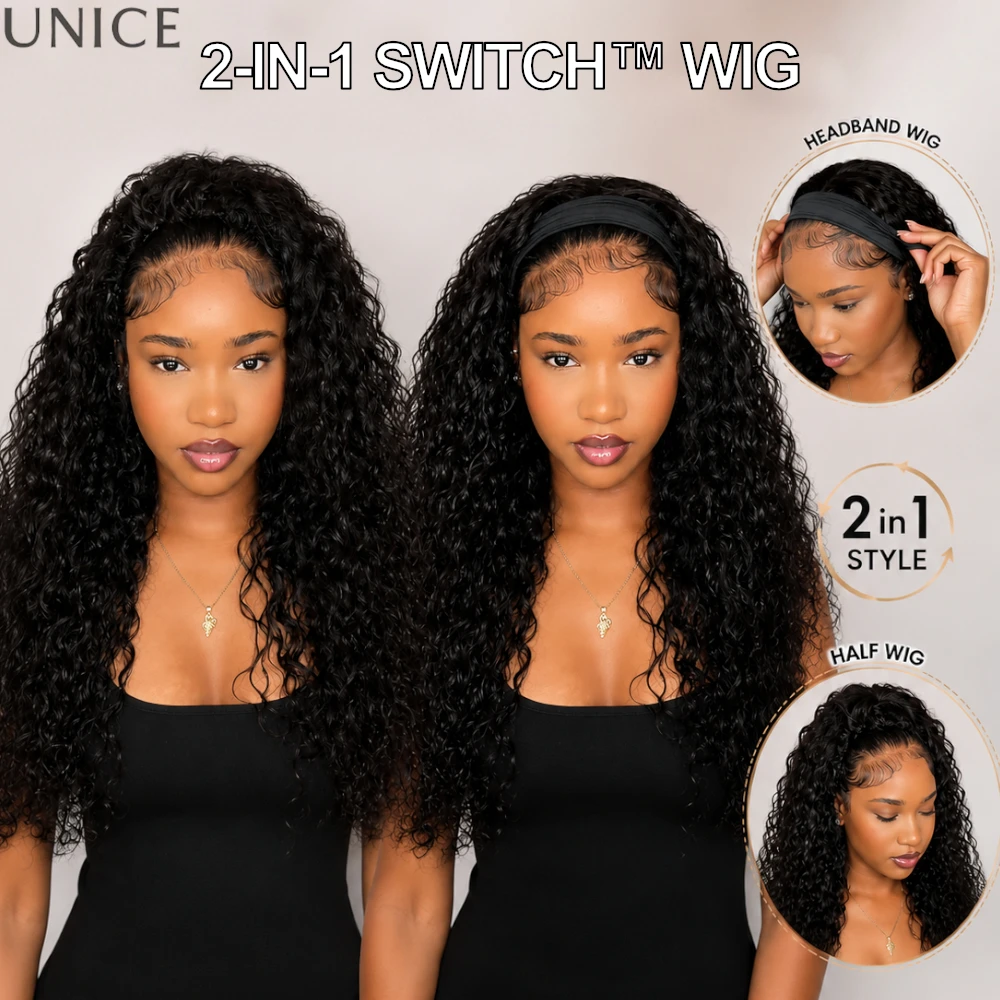 UNICE Water Wave Headband Wig & Half Wig 2-In-1 With Detachable Headband Natural Black 100% Human Hair Drawstring Wig