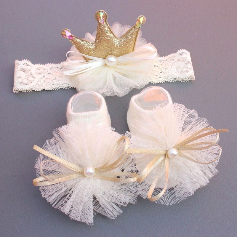 2 pçs/set coroa bebê headband meias laço arcos recém-nascidos infantil menina meias hairband set crianças cabelo acessórios