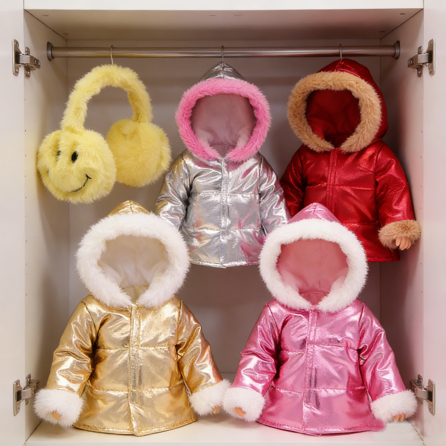 Nette Puppe Zubehör 18 Zoll Amerikanische Puppe Hängen Ohr Abdeckt Gelb Cartoon Lächeln Gesicht Winter Kleidung Für 43 cm Neue geboren Puppe