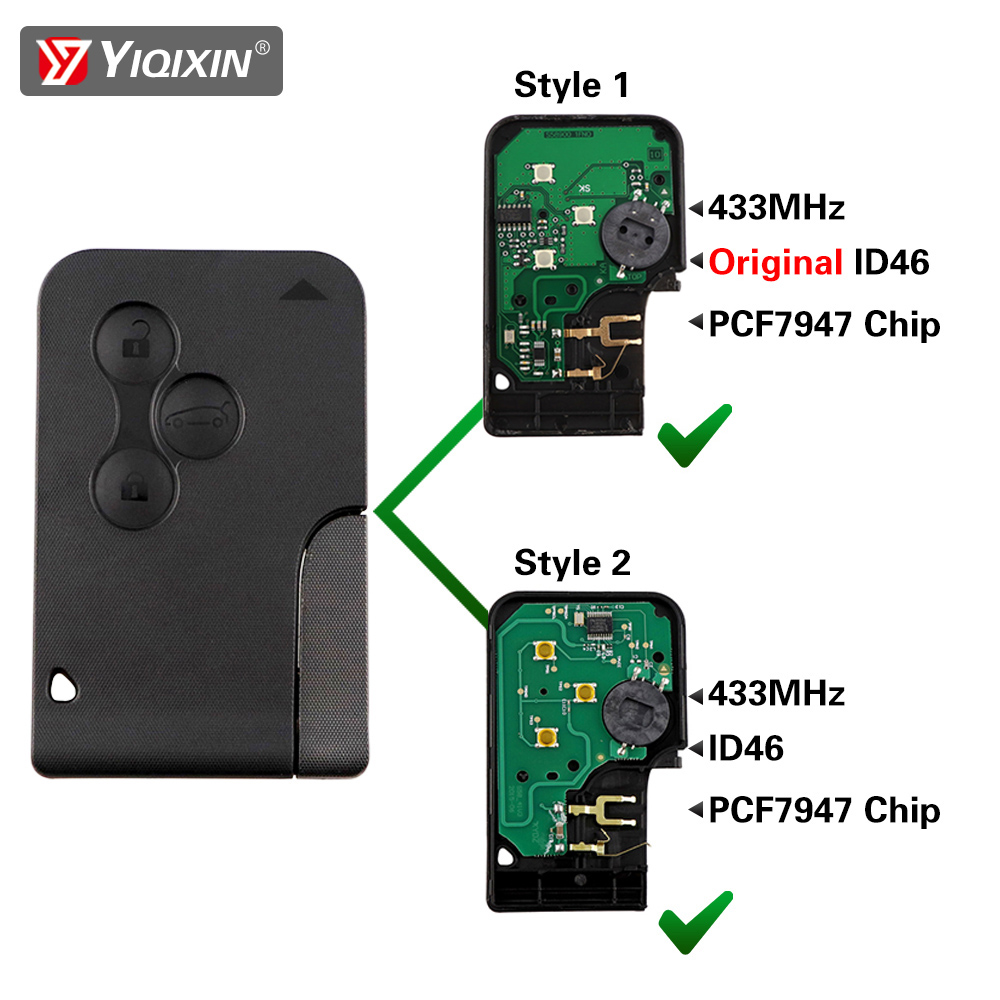 Tarjeta de llave remota YIQIXIN para Renault Megane 2 3 II Scenic II Grand Scenic 2003 2004 2005 2006 2007 2008 433Mhz PCF7947 Chip ID46
