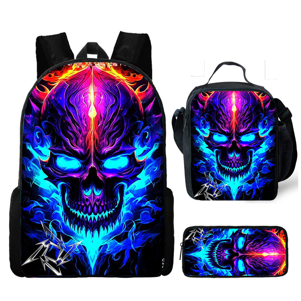Hot selling skull backpack three piece set printed primary and secondary school backpack meal bag pencil case