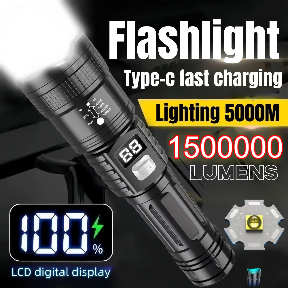 1500000 LUM LED-Taschenlampe, wiederaufladbare Hochleistungs-Taschenlampe vom Typ C, zoombares Licht für Outdoor-Camping, Wandern, Lampe, Notfalllaterne