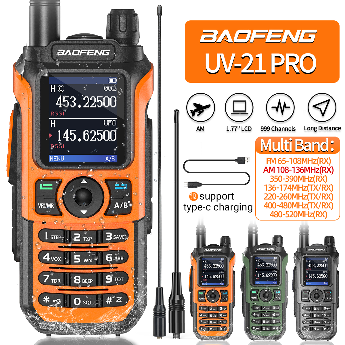 Baofeng UV-21 Pro Walkie Talkie Banda de ar de longo alcance Frequência de cópia sem fio VHF UHF Tipo-C Atualização recarregável UV-5R Ham Radio