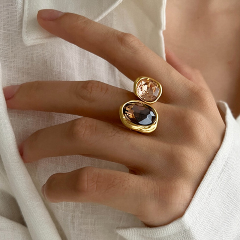 Retro Bruine Strass Kristallen Ring Damesmode Prachtige Geometrische Vierkante Open Ringen Echt Goud Plating Vinger Sieraden Geschenken