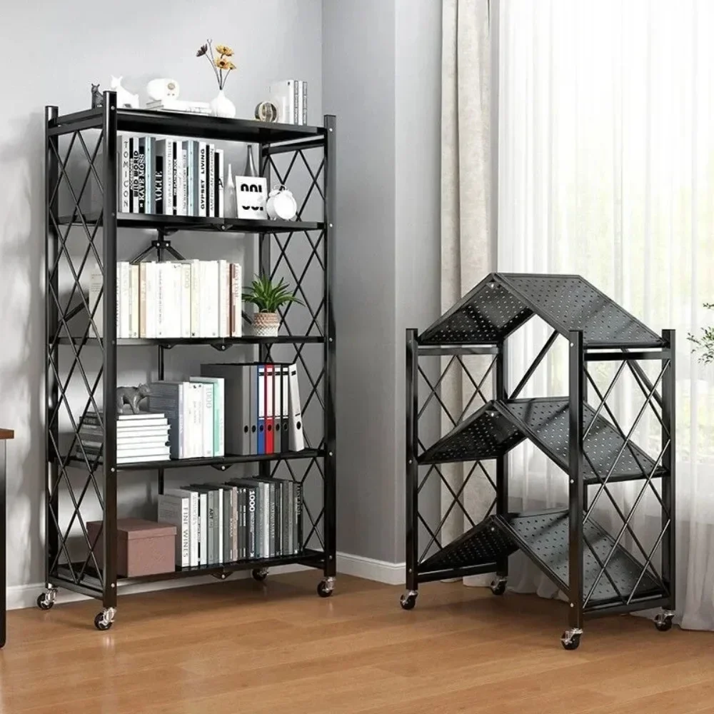 Rack de armazenamento de cozinha dobrável, sem instalação, prateleira para flores ao ar livre, estante de aço carbono com rodas, carrinho, estante
