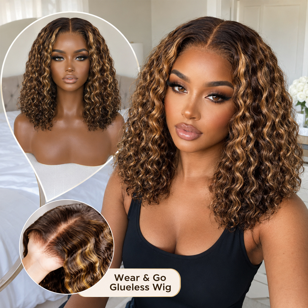 Peruka Bob 16 cali Ombre z pasemkami, gotowa do założenia, bez kleju, o gęstości 250, wstępnie wyskubana, z pasemkami w kolorze miodowego blondu, kręcona peruka typu Lace Front z ludzkich włosów dla kobiet.