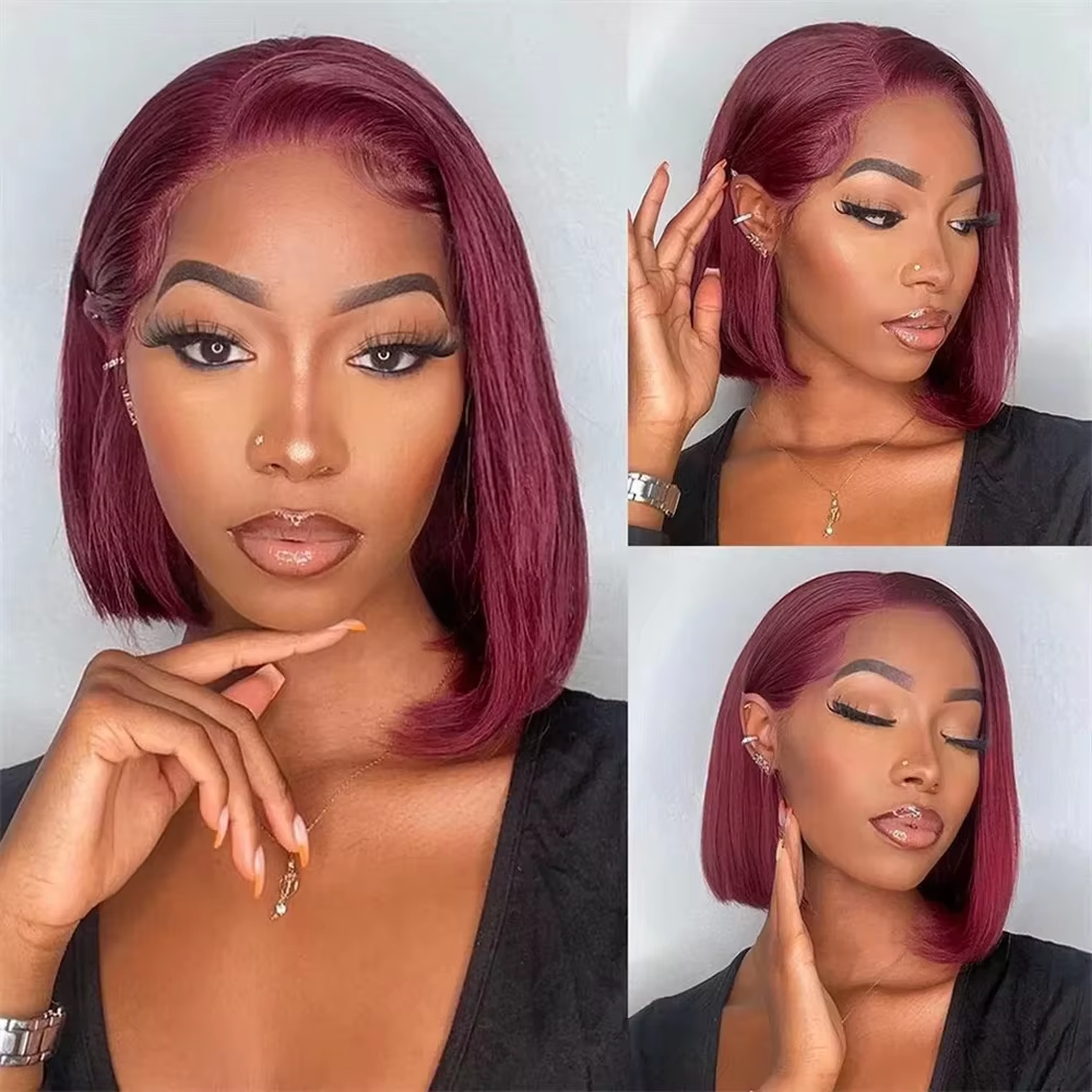 13x4 Lace Frontal Human Hair Bob Wigs 99J Red Burgundy Colored HD Transparent Pre Plucked Lace Front Human Hair Wigs Straight