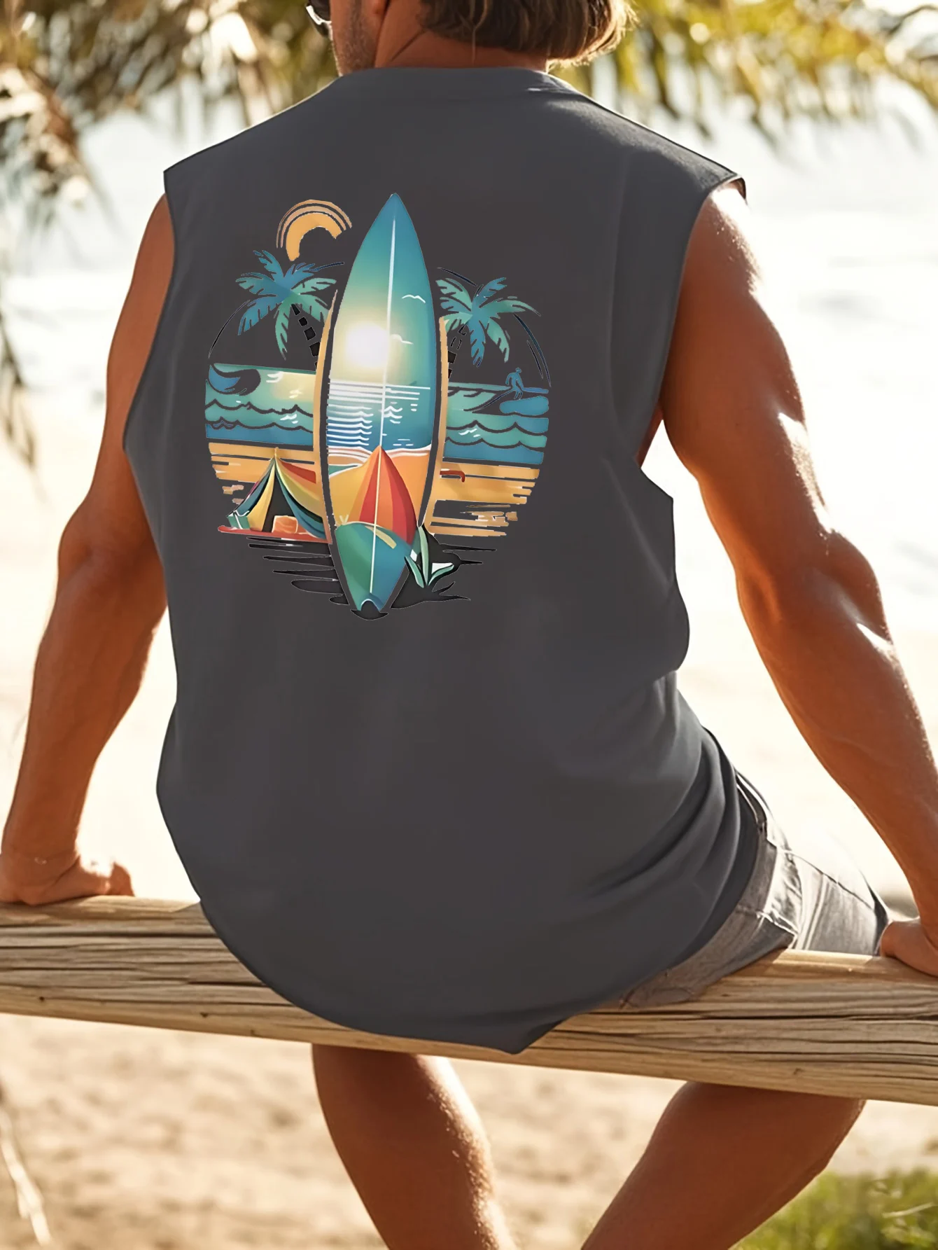 Herren-Tanktop für Sommer, Freizeit, Sport, Fitness, lockerer Kokosnussbaum und Surfbrett, bedruckt, bequem, atmungsaktiv, Rundhalsausschnitt, ärmellos