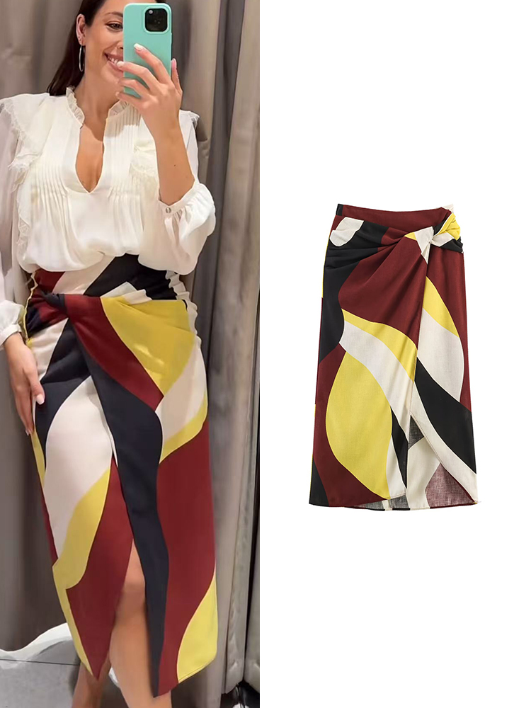 TFMLN Sexy Vintage-Print Midirock für Damen, eleganter langer Rock mit seitlichem Schlitz und Rüschen, lässige, schicke Sommerkleidung mit Reißverschluss für den Urlaub
