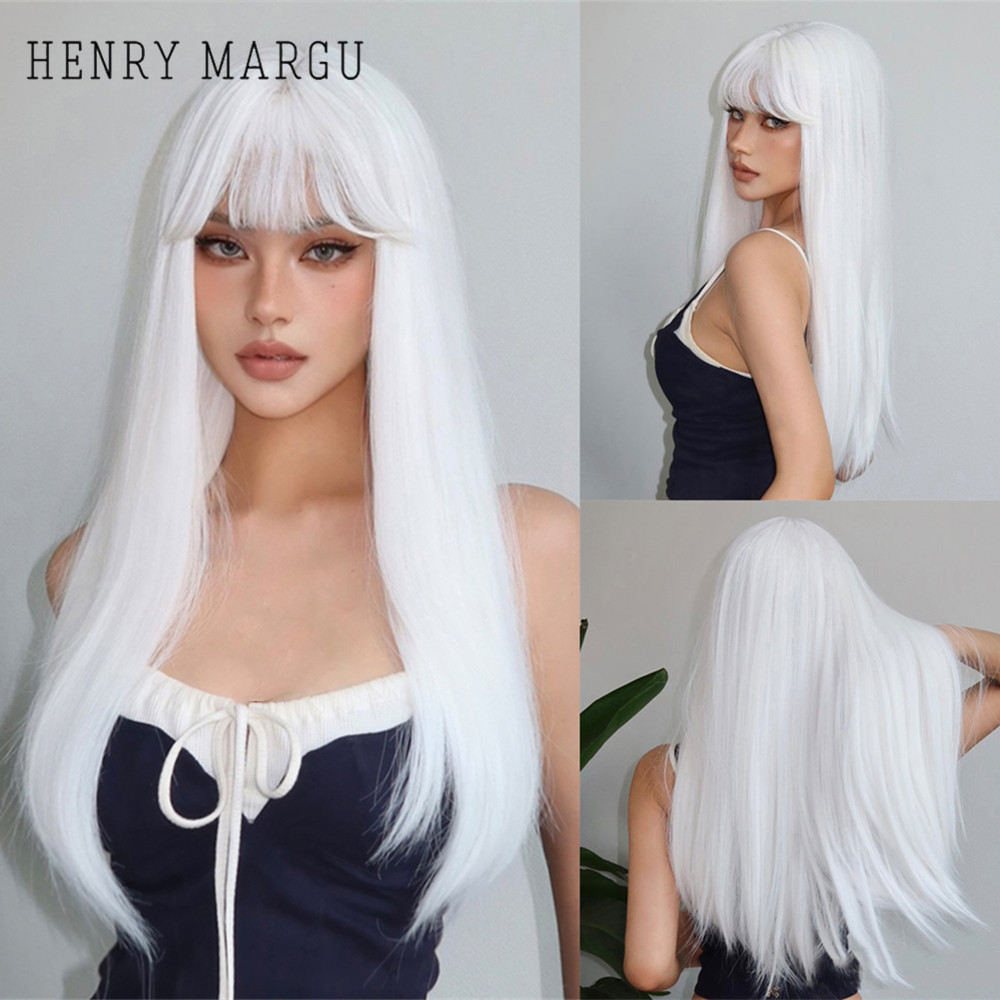 HENRY MARGU สีขาวยาวตรงวิกผมสังเคราะห์ผู้หญิงที่มีสีสันคอสเพลย์ปาร์ตี้ผมปลอมกับ Bangs วิกผมสีขาวอุณหภูมิสูง