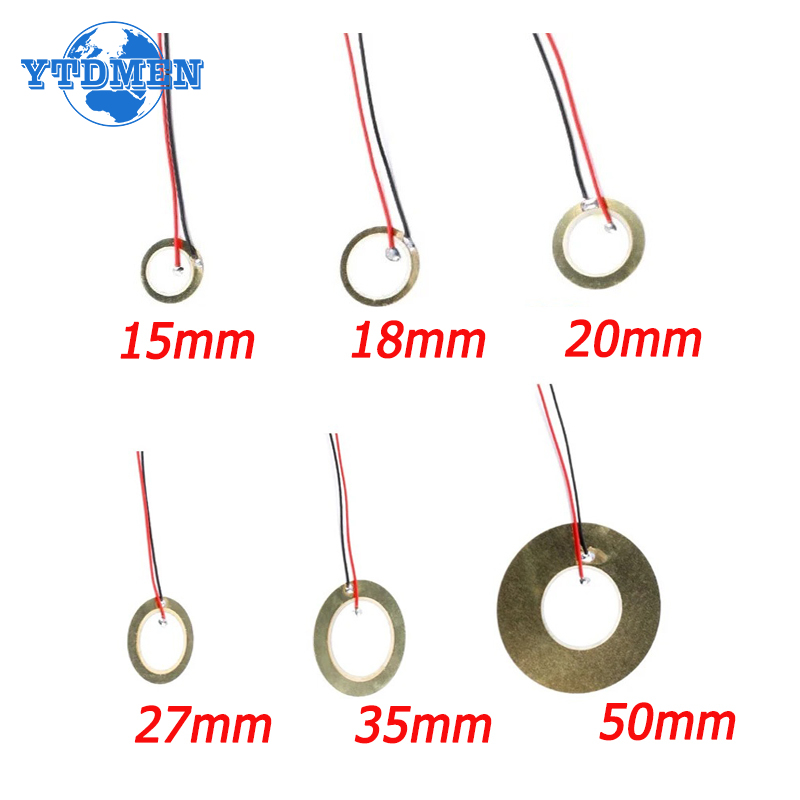 Placas de oblea de cerámica piezoeléctricas, diámetro piezoeléctrico de 12MM, 15MM, 18MM, 20MM, 27MM, 35MM, 50MM con cable para altavoz zumbador, 10/20 piezas