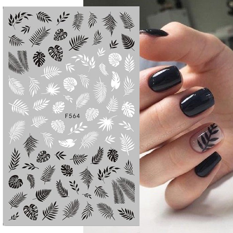 Pegatinas 3D de hoja de arce en blanco y negro para decoración de uñas, corazón geométrico, alfabeto inglés, calcomanías para decoración de uñas, deslizador de uñas