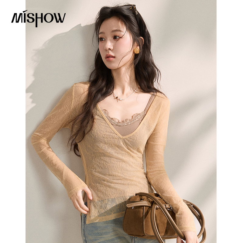 MISHOW Elegantes Spitzen-Oberteil mit V-Ausschnitt und Langen Ärmeln, Zweiteiliges Set für Damen, Frühling 2026, Blumenmuster, Mesh, Slim Fit, Lässige Bluse MXF16T1573