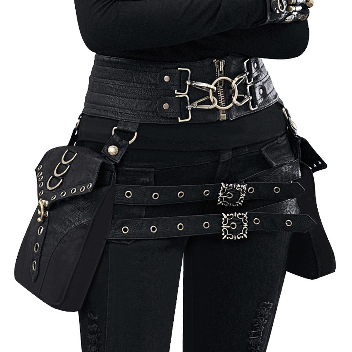 Steampunk PU Leather Women's Bag Retro Waist Bag Rivet Stitching Heavy-duty Design Belt Adjustable