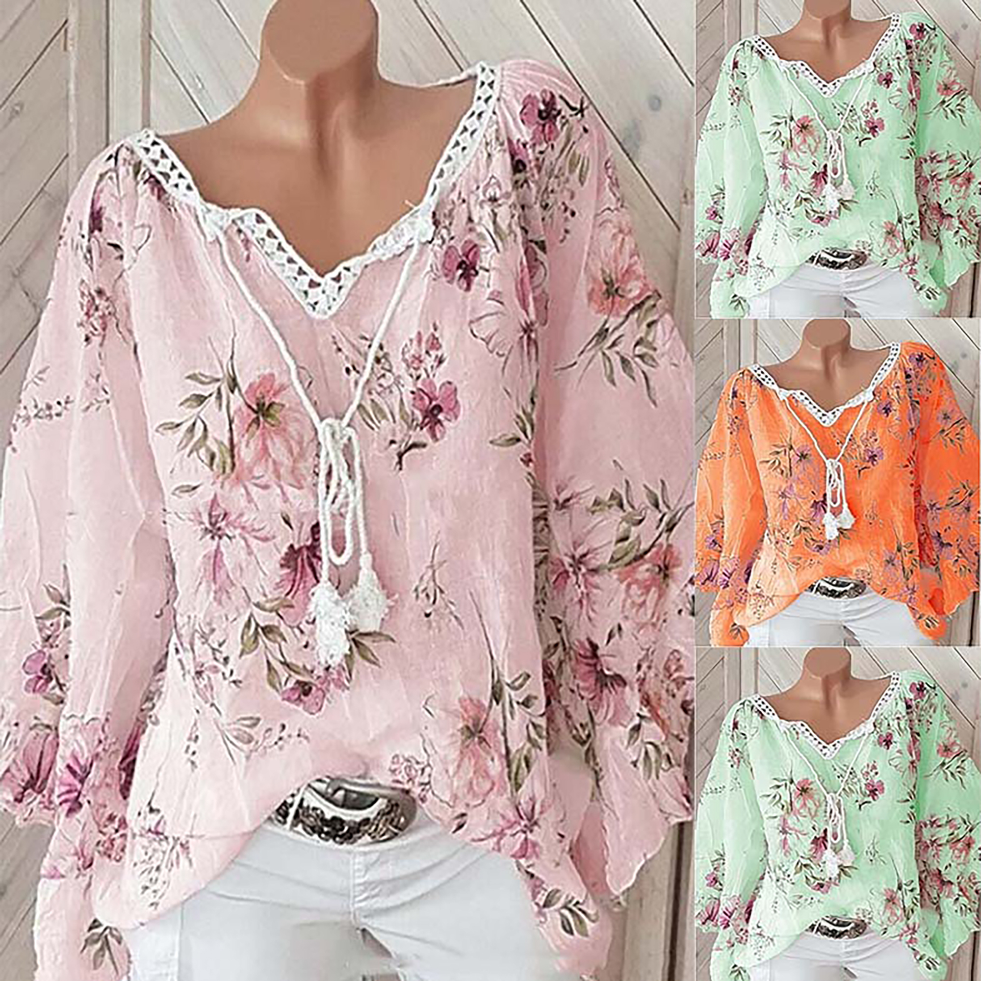 2024 Europa en de Verenigde Staten lente en zomer nieuwe damestop V-hals splitsen print groot formaat shirt met lange mouwen dames