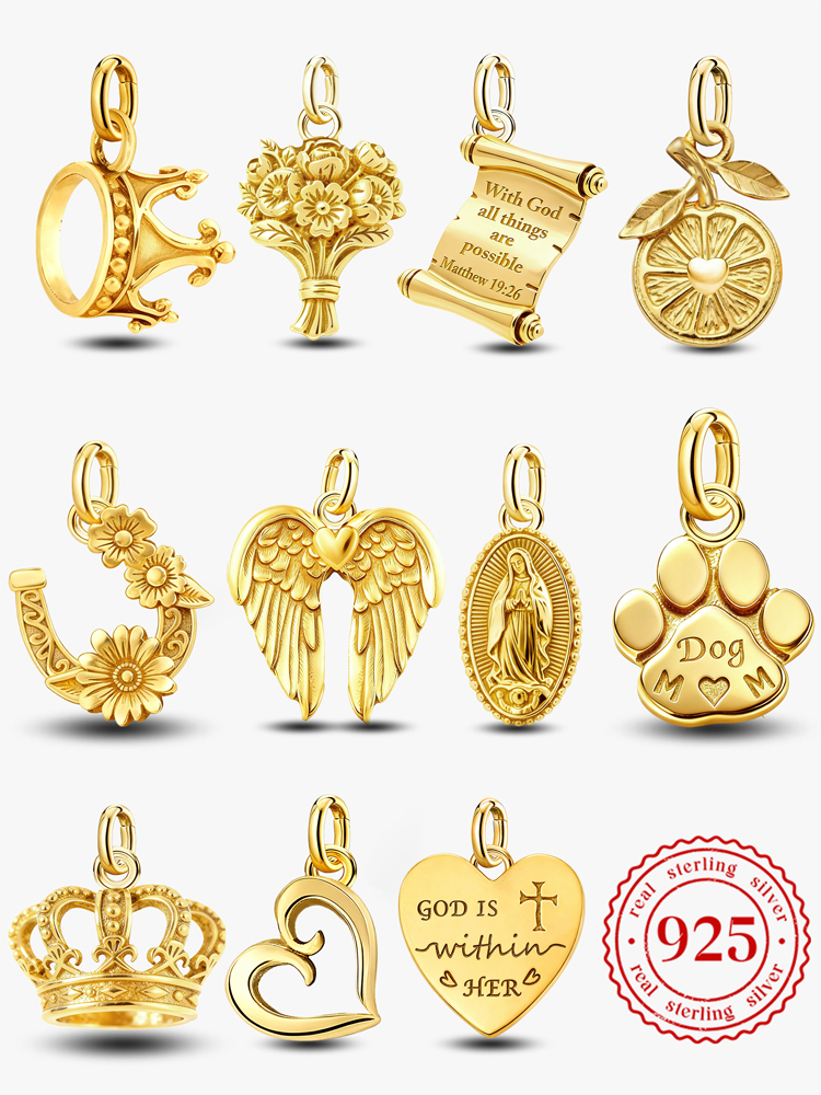 Pingentes Vintage Ajustáveis em Prata Esterlina 925, Série Coroa Dourada, Charms e Contas Compatíveis com Pulseiras e Colares Originais, Joias DIY