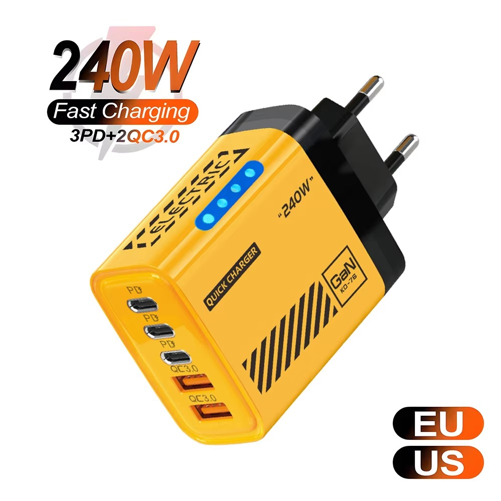 Caricatore da muro per telefono a ricarica rapida GaN USB C da 240 W 5 in 1 per iPhone Samsung Xiaomi Adattatore di alimentazione a ricarica rapida con spina UE/USA