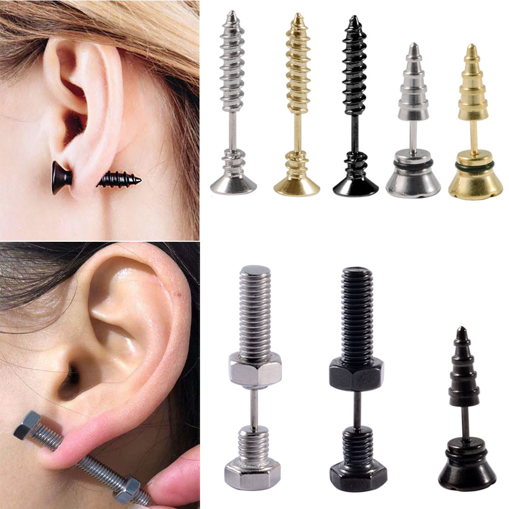 คู่สแตนเลสสตีลเล็บสกรูเจาะต่างหู Unisex Punk Rock เครื่องประดับ Nut Screw Spike Pinch ปลั๊กเครื่องประดับ
