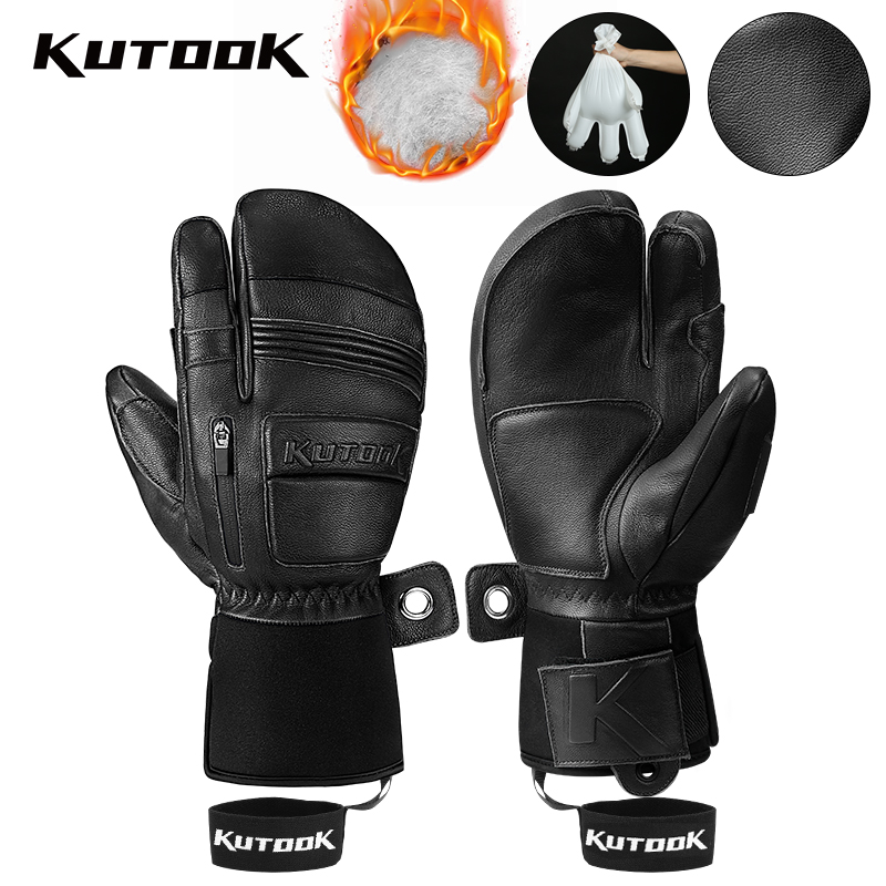 KUTOOK ヤギ革レザースキーグローブミトン防水厚みのある冬の雪スノーボードグローブ熱暖かいスキーグローブ男性用