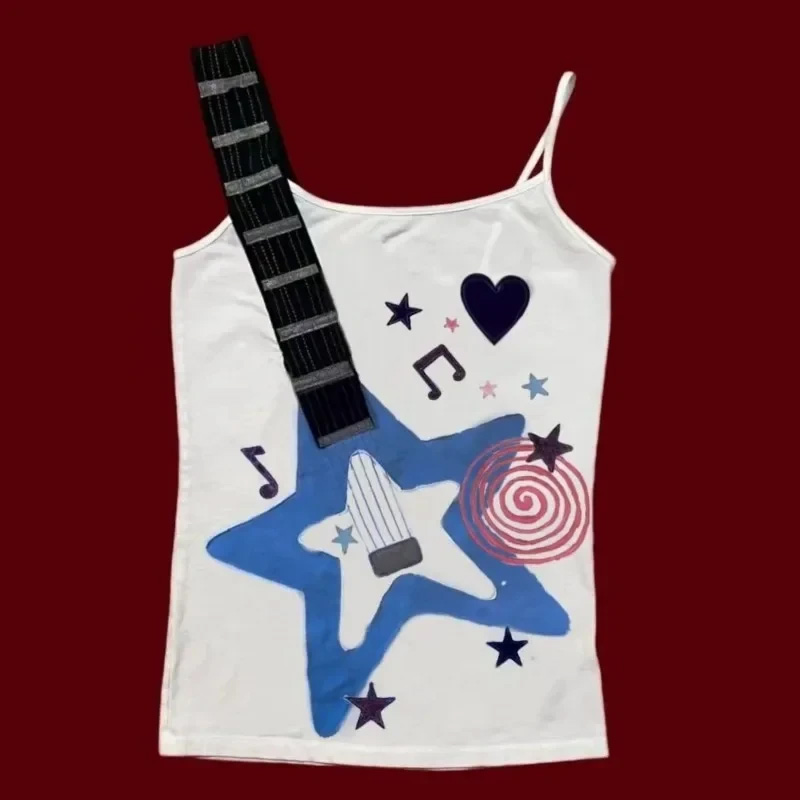 Camiseta Estampada com Notas Musicais Estilo Punk Rock Y2K Nova Tendência de Verão - Design Visual Vintage Hip Hop Personalidade Slim Emo Girl Top