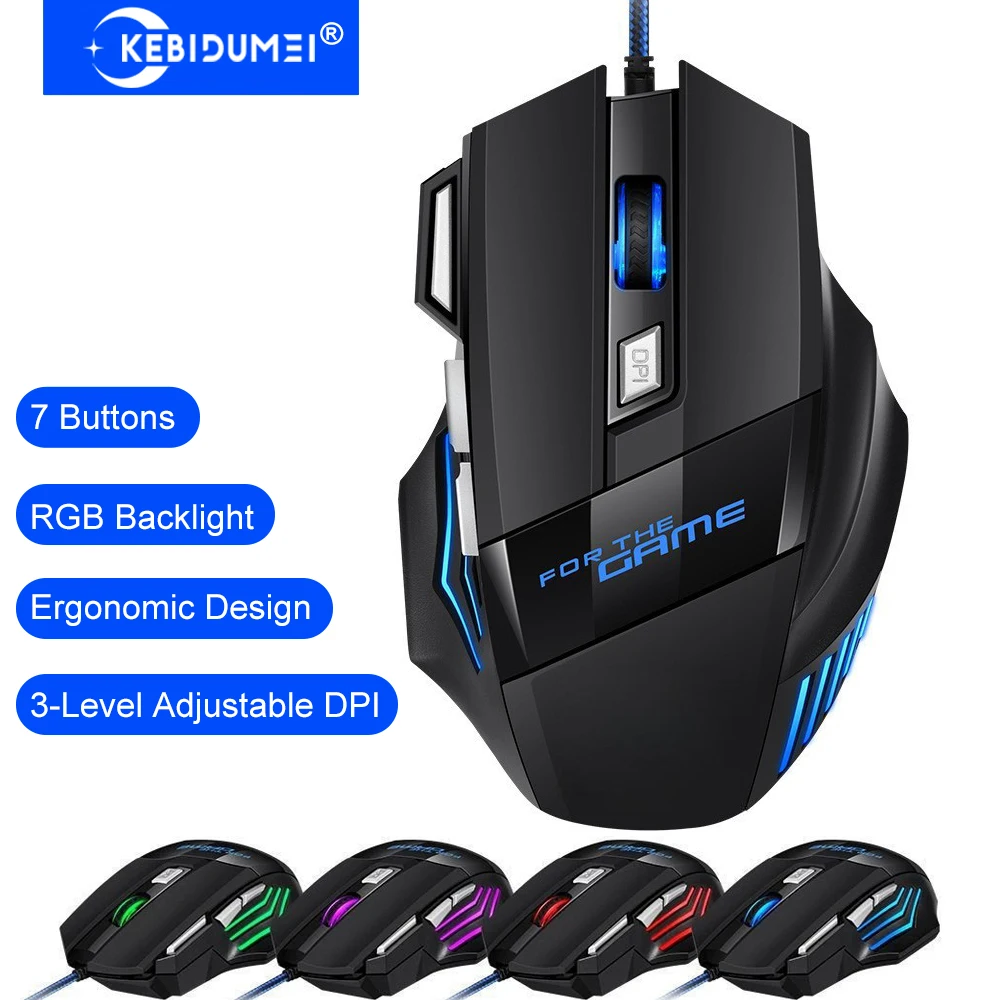 KEBIDUMEI เมาส์สำหรับเล่นเกมแบบมีสาย 7 ปุ่มเมาส์เรืองแสง RGB เมาส์ USB ตามหลักสรีรศาสตร์ 2400 DPI 3 ระดับ DPI สำหรับพีซีแล็ปท็อปวินโดวส์ แมคโอเอส