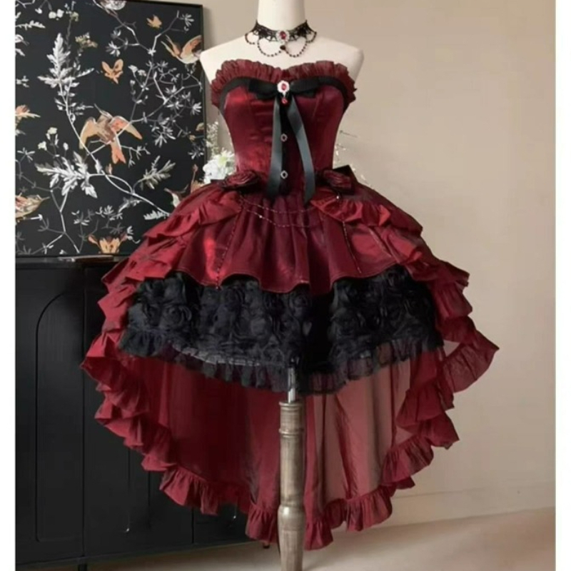 Viktorianisches Süßes Elegantes Lolita-Kleid Damen Vintage Gothic Schleife Rüschen Rosen Schleppkleid Prinzessinnenkleid Y2k Niedliches Abendparty-Kleid