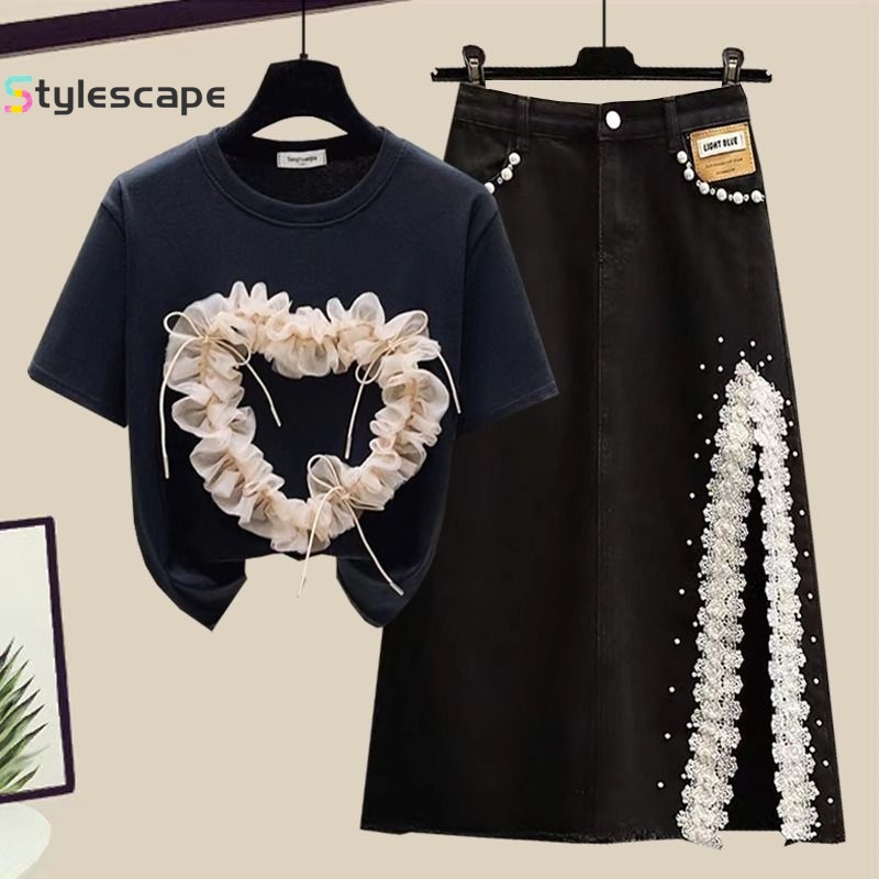 2024 Zomer Nieuwe Set Rok Modieuze Korte Mouwen Top Split Denim Rok Slanke En Elegante Dames Tweedelige Set