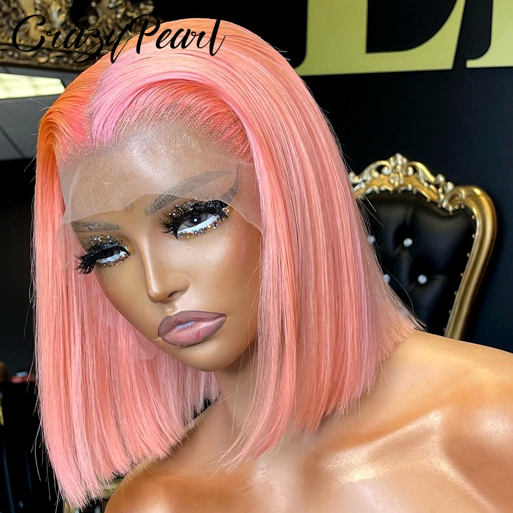 Parrucche CrazyPearl Bob Corto Rosa Colorato in Capelli Umani 13X4, Parrucca Bob Liscia con Frontale in Pizzo, 10-14 Pollici