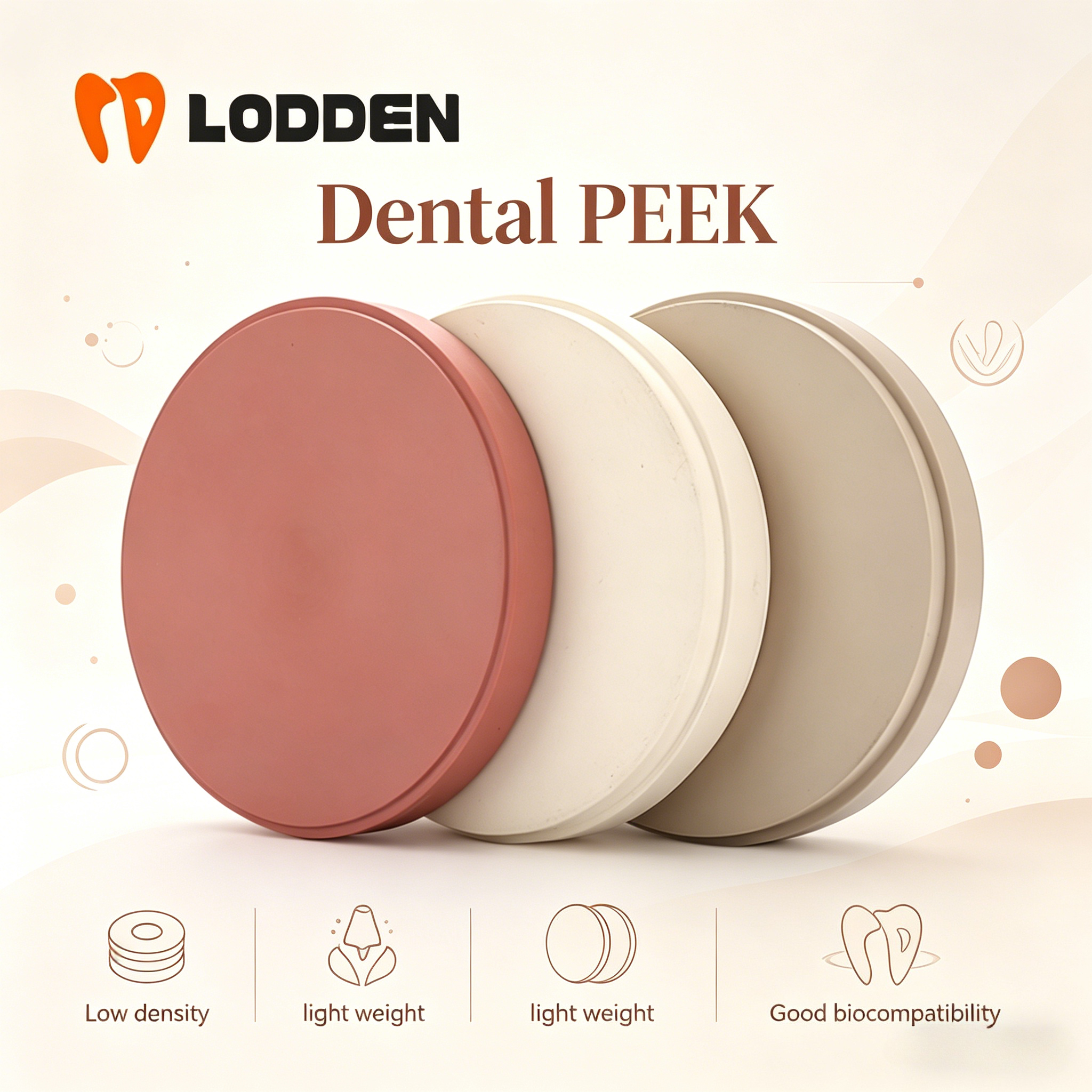 Blok PEEK do laboratorium dentystycznego Lodden, 98mm, kolor naturalny żółty z białą powłoką gumową, do modelowania CAD CAM, materiały dentystyczne dla laboratoriów.