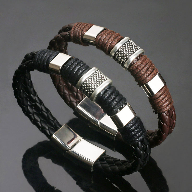 Pulsera de cuero genuino Vintage para hombres, pulsera tejida hecha a mano, cierre magnético, accesorios de joyería de mano, nuevo