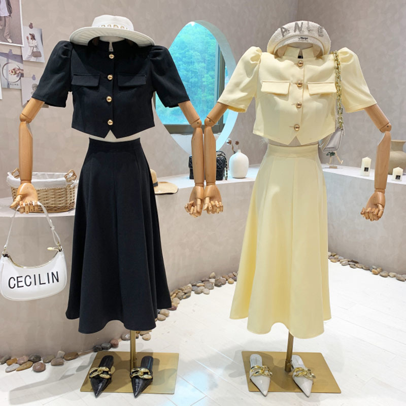 Chemise à manches courtes pour femmes, ensemble deux pièces Vintage français décontracté, haut court à simple boutonnage, taille haute, jupe longue trapèze