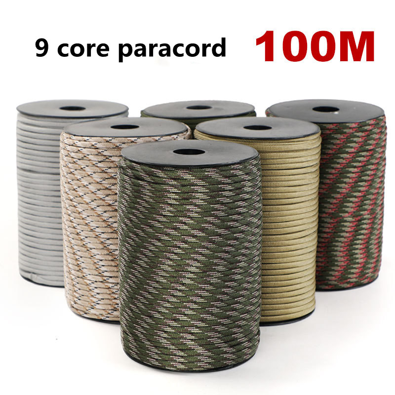 Corda Paracord Militar Padrão 550 de 9 Fios, 4mm, 100/50M, para Uso Externo, Corda de Paraquedas, Sobrevivência, Tenda, Alça de Segurança e Varal