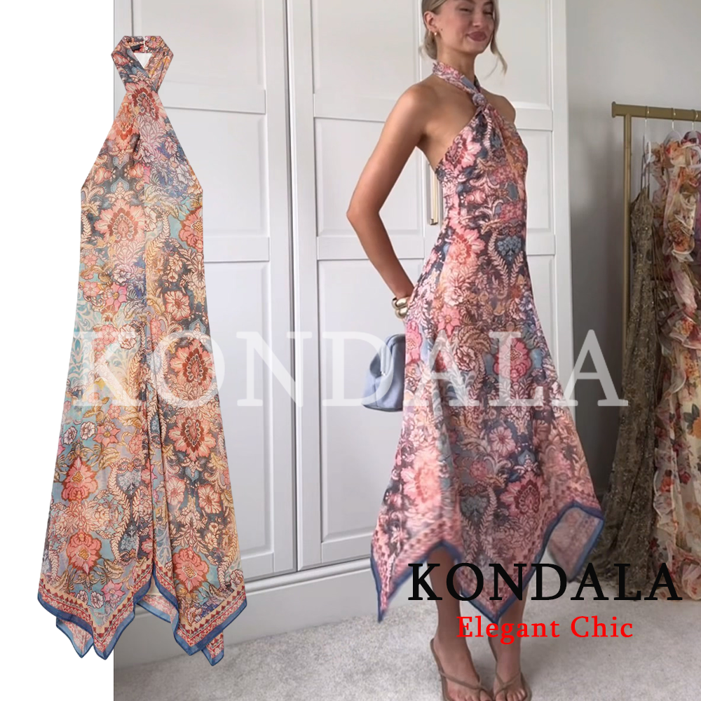 Vestido Largo Halter con Estampado Playero para Mujer, Marca KONDALA, Sin Mangas, Espalda Descubierta, Nueva Moda Primavera-Verano 2026, Vestido Bonito para Vacaciones