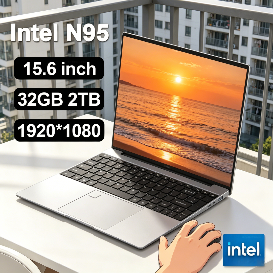 Portátil Elite de 15.6 Pulgadas con Intel N95, Windows 11, 32 GB de RAM DDR4, SSD de 2 TB, Ordenador para Juegos y Oficina con Teclado Retroiluminado y Lector de Huellas Dactilares